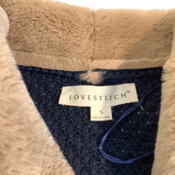 Lovestitch Cardigan Womens Small Navy Tan Faux Shearling Wide Shawl Open Front - Picture 9 of 13